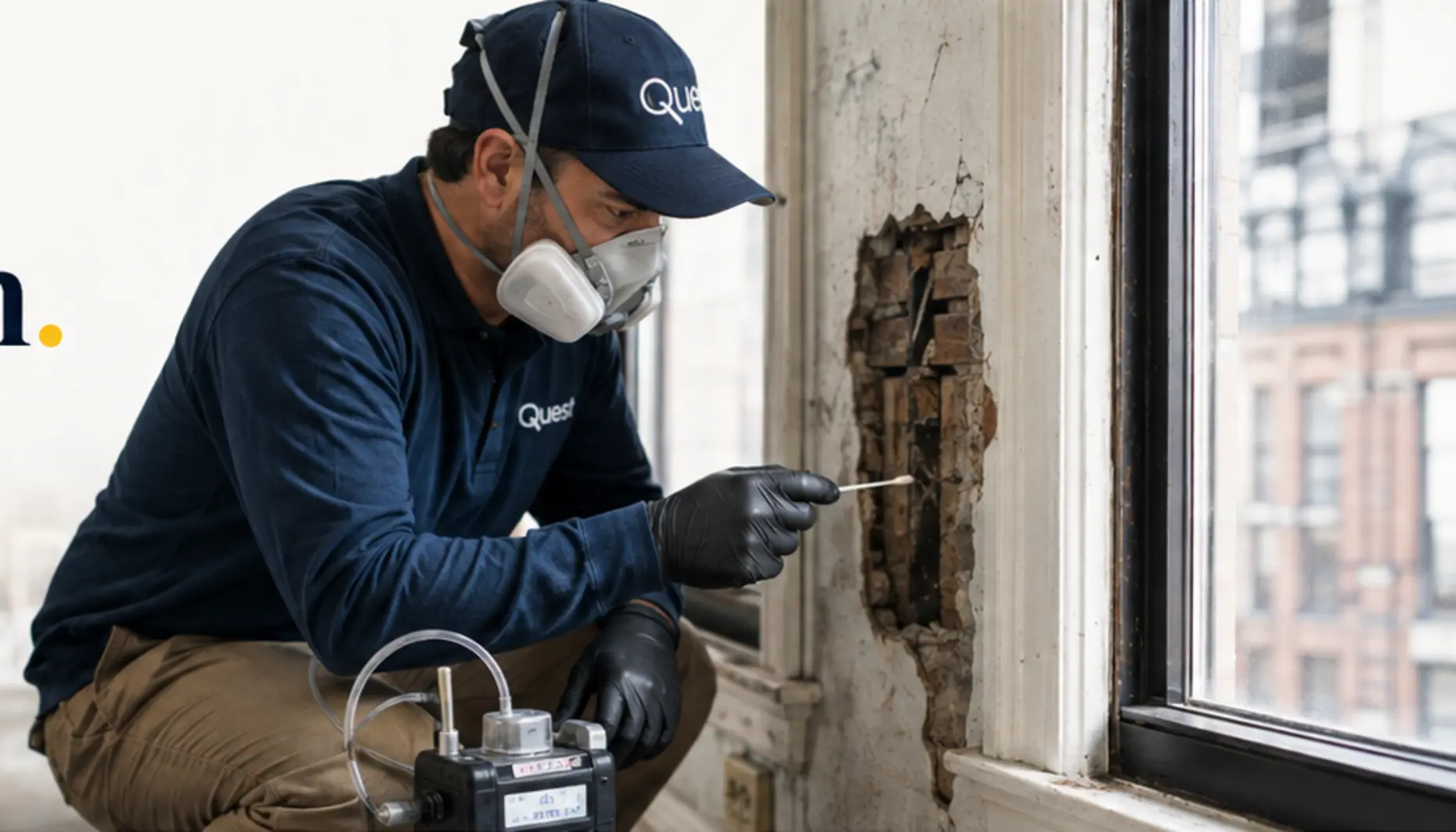 Quest inspector collecting a material sample near a window